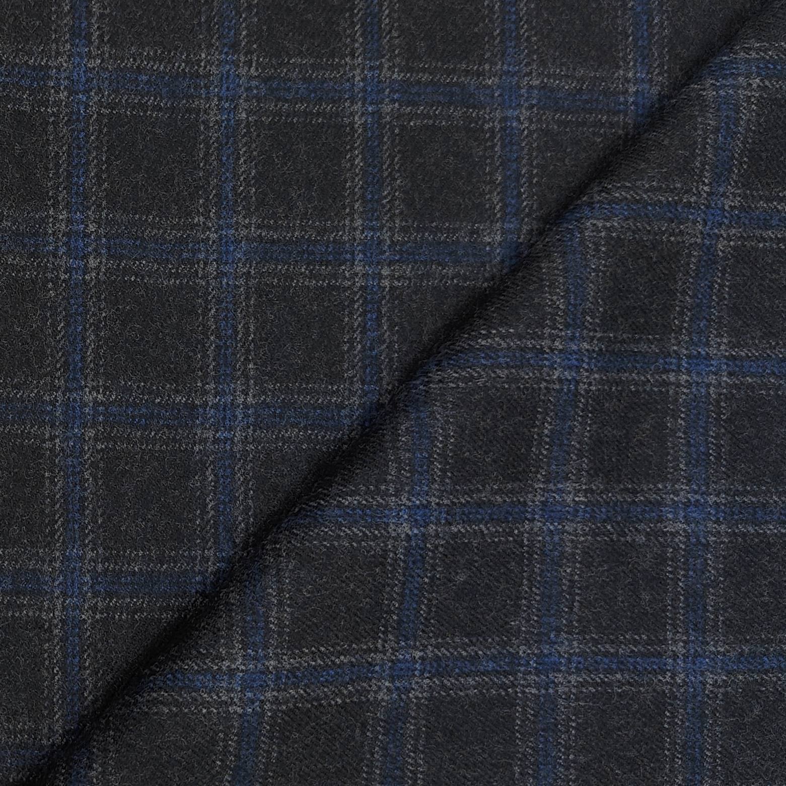 Tweed Blazer Fabric OCM 100% Wool Check Colour Shadow Grey N Blue